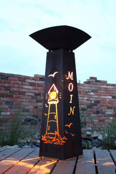 Rostsäule Dekosäule Moin Leuchtturm Edelstahlkugel mit Rostschale